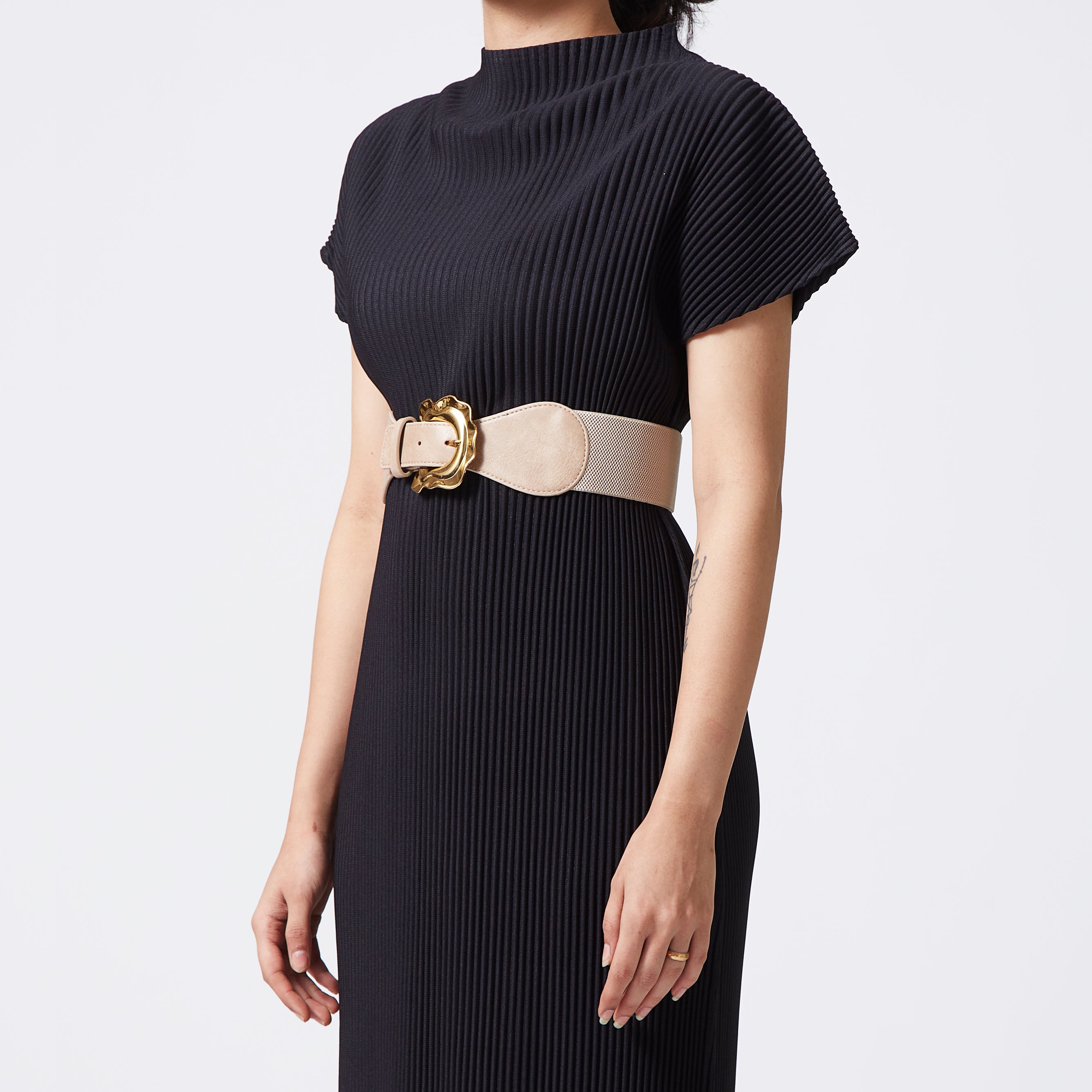 Light taupe elastic-backed belt with distended buckle
 Light taupe elastic-backed belt with distended buckle