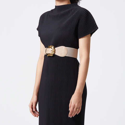 Light taupe elastic-backed belt with distended buckle
 Light taupe elastic-backed belt with distended buckle