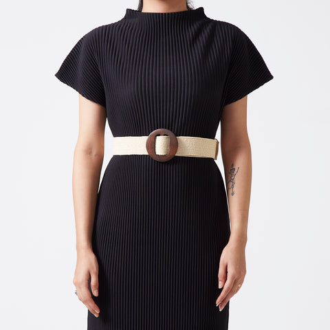 Ivory elastic rattan dark wood buckle belt
 Ivory elastic rattan dark wood buckle belt