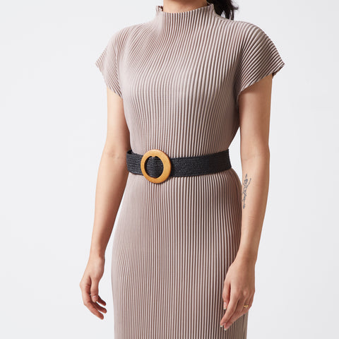 Black elastic rattan wood buckle belt
 Black elastic rattan wood buckle belt