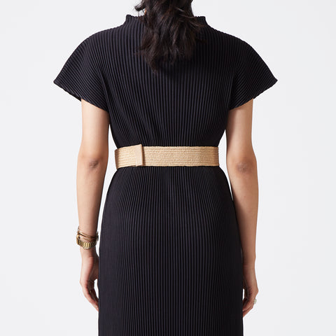 Beige elastic rattan belt with chain trim buckle
 Beige elastic rattan belt with chain trim buckle