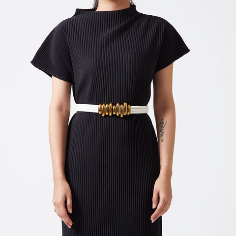 Close-up of Gold/Off White Stacked Cord Belt.
 Close-up of Gold/Off White Stacked Cord Belt.