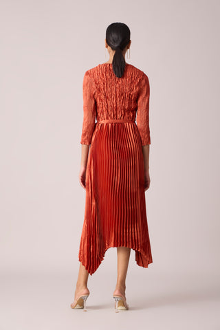 Leona Satin Pleat Dress - Rust Orange