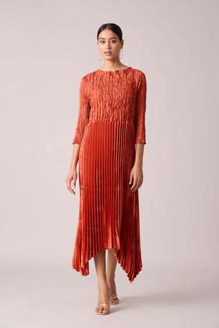 Leona Satin Pleat Dress - Rust Orange