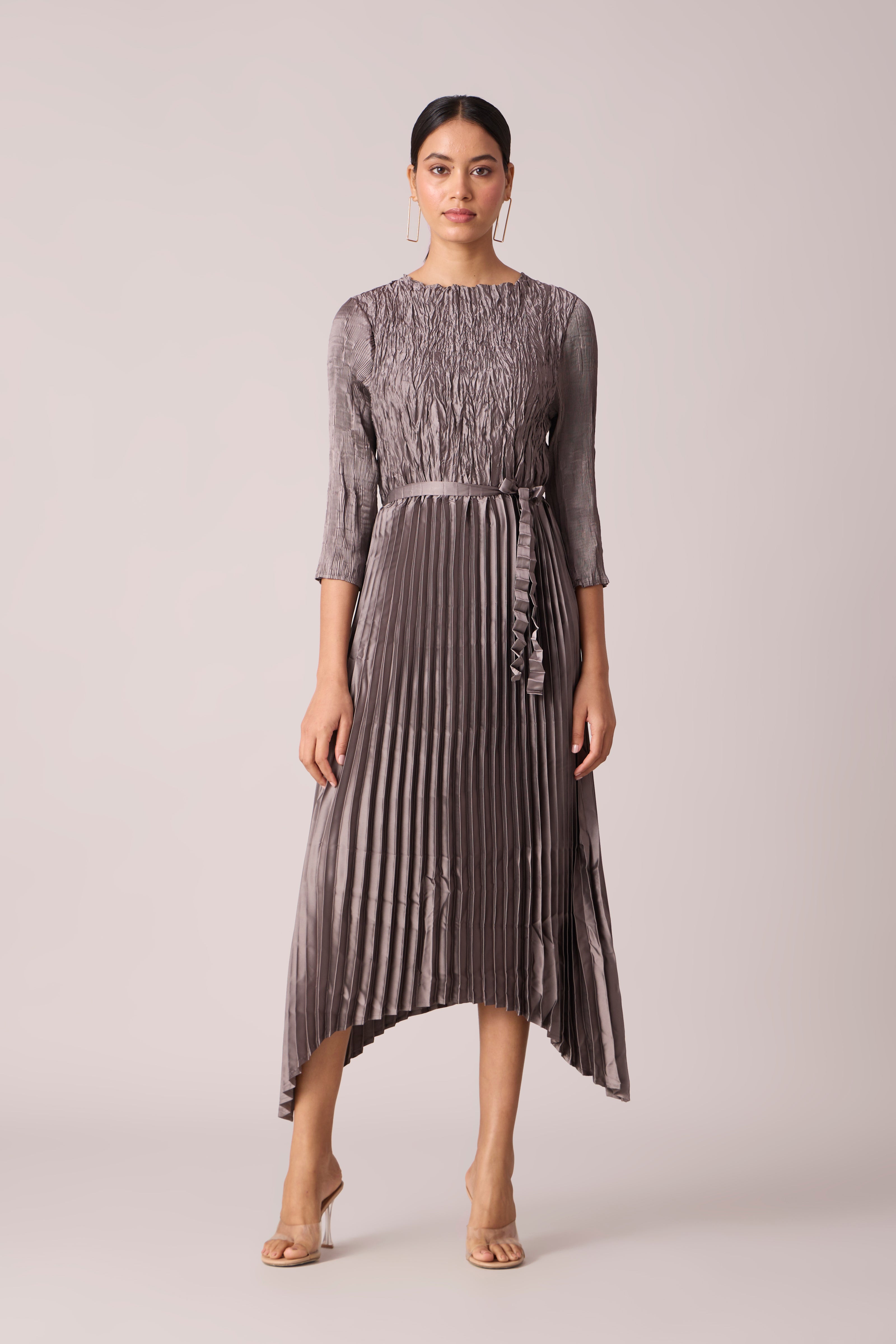 Leona Satin Pleat Dress - Grey