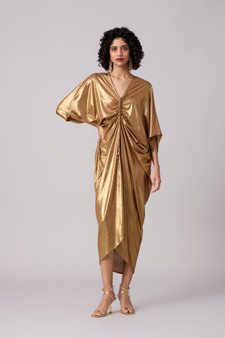 Aika Metallic Rouche Dress - Gold