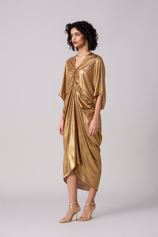 Aika Metallic Rouche Dress - Gold