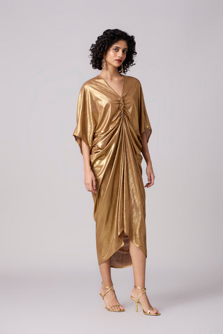 Aika Metallic Rouche Dress - Gold