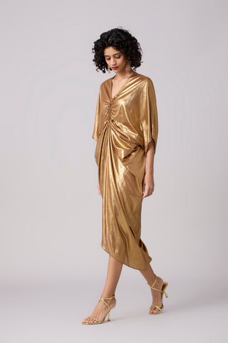 Aika Metallic Rouche Dress - Gold