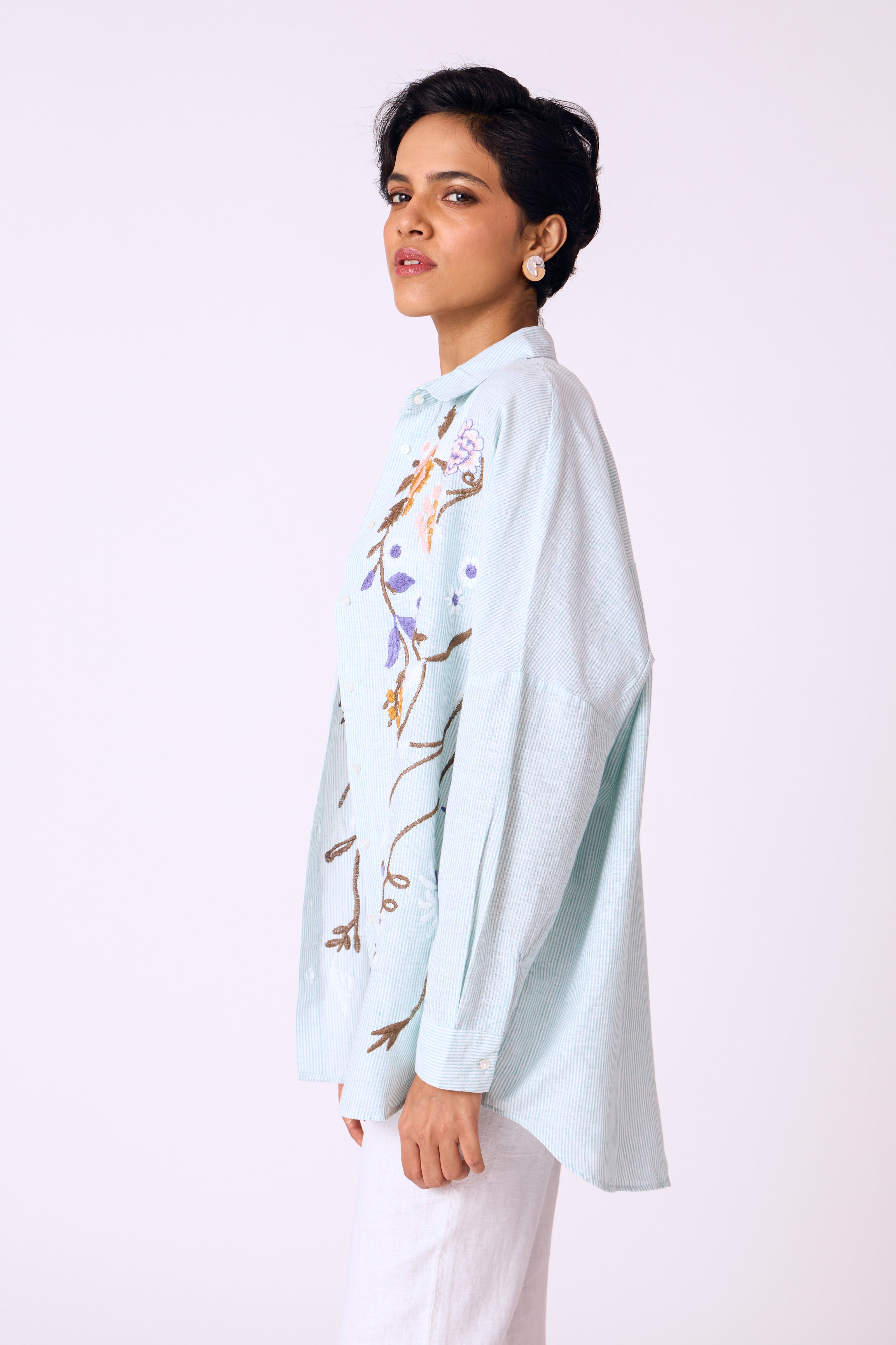 Azmina Embroidered Shirt - Pastel Aqua