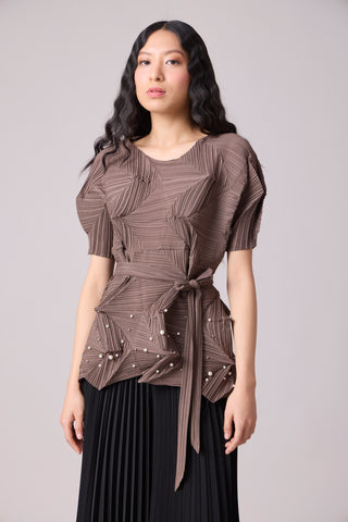 Gia 3D Pearled Top - Brown