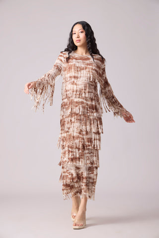 Isla Fringe Dress - Ivory & Brown