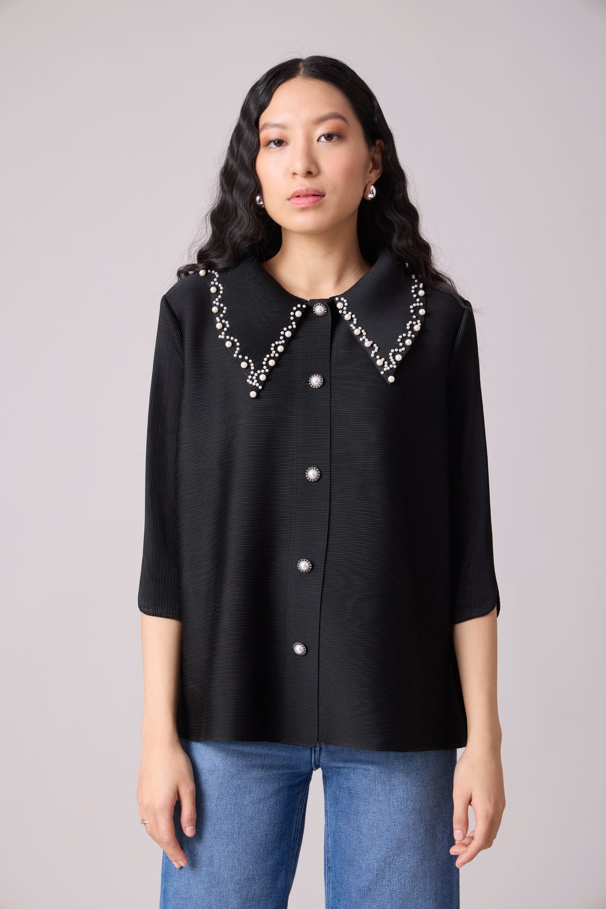 Maise Pearled Shirt Top - Black