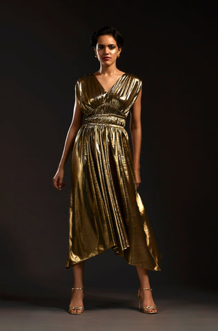 Zeina Rouched Dress - Metallic Dark Gold