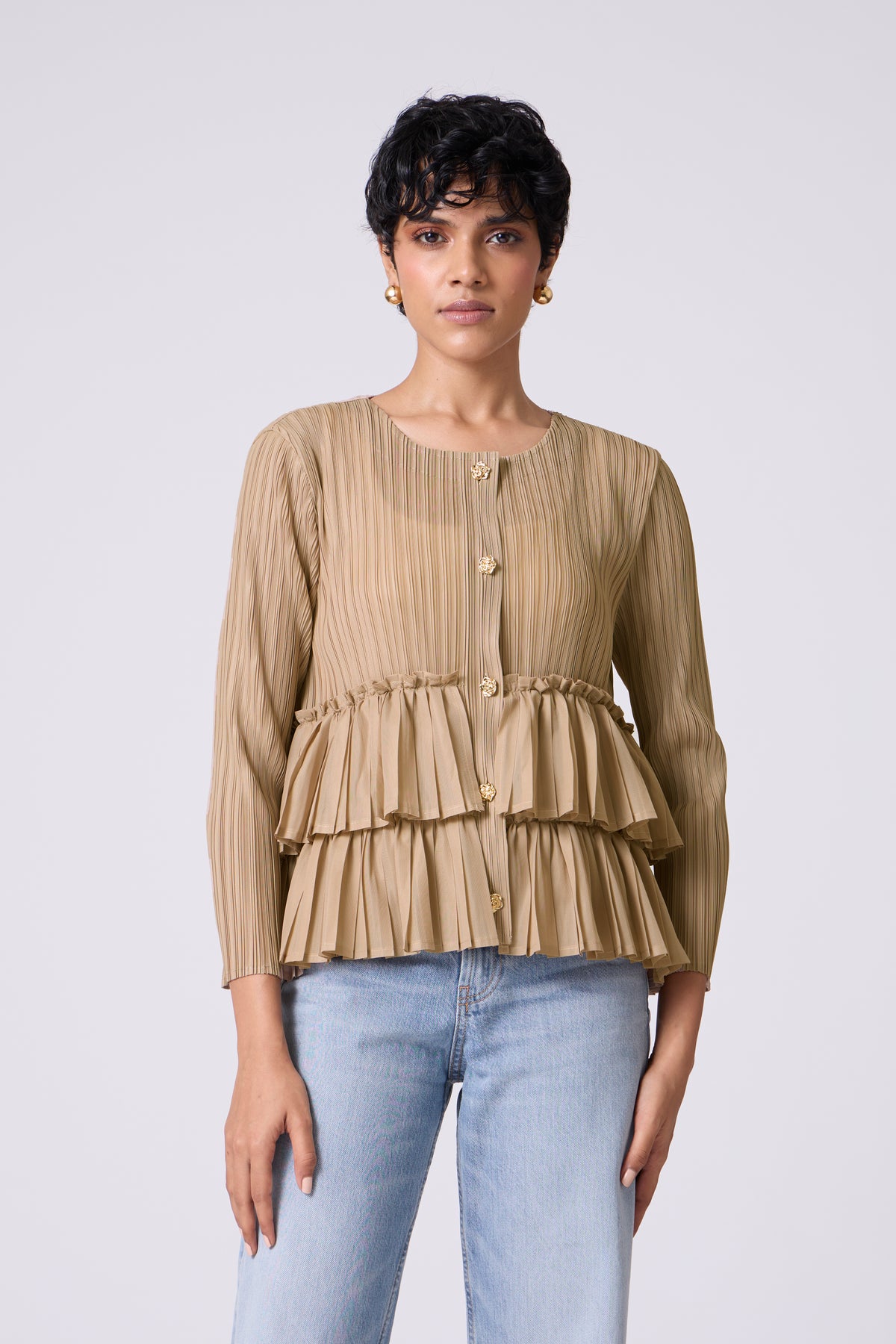 Tia Ruffle Top - Light Taupe