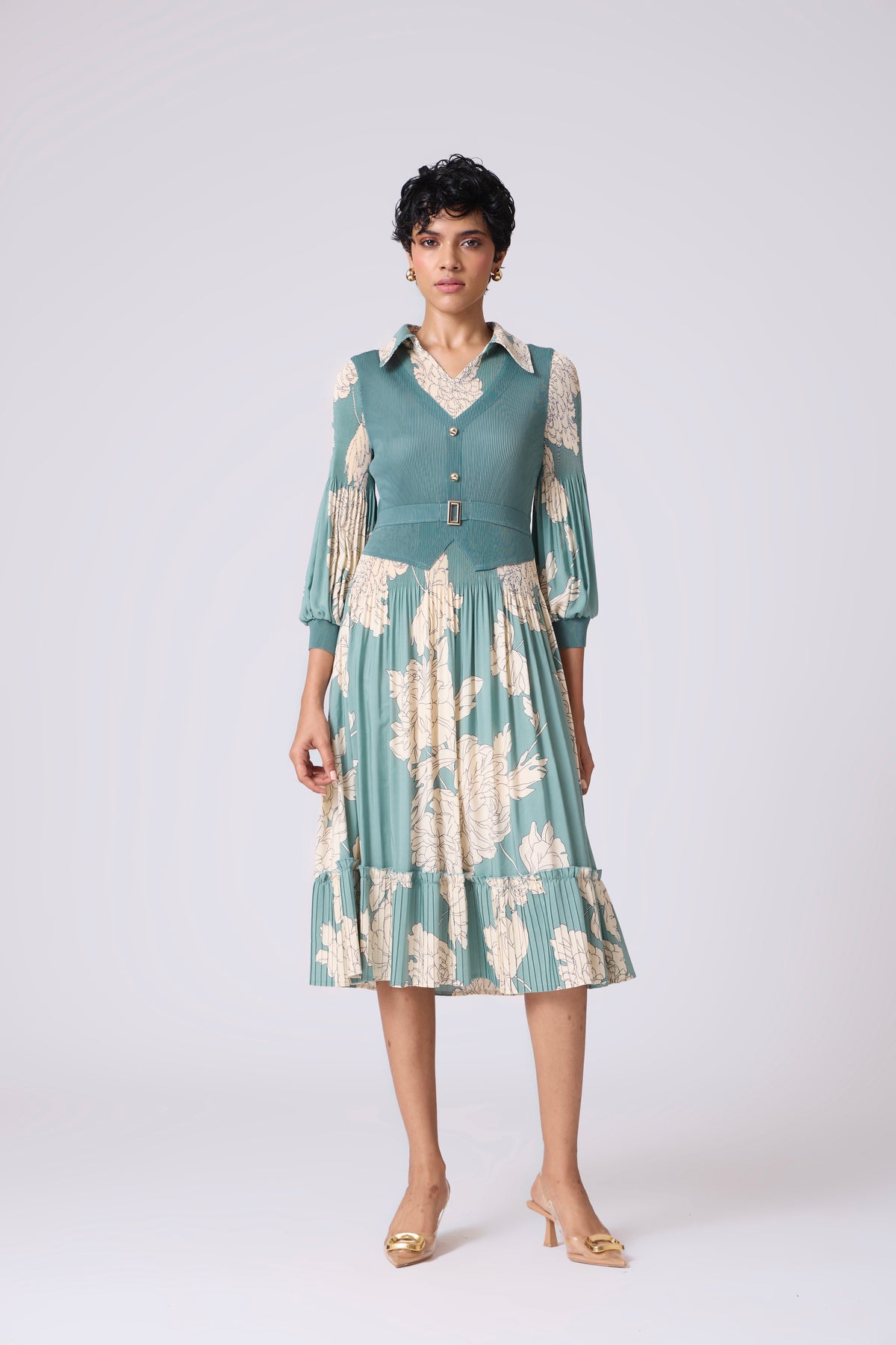 Thea Printed Dress - Dusty Teal