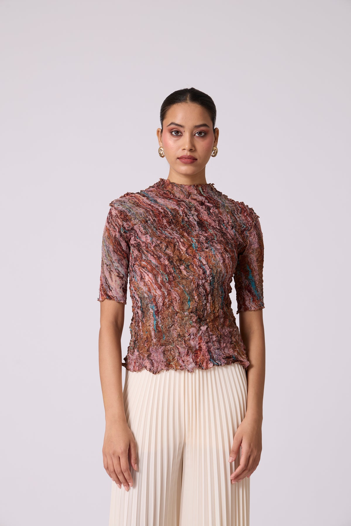 Art Print Sheer Top - Brown