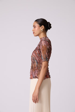Art Print Sheer Top - Brown