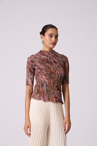 Art Print Sheer Top - Brown