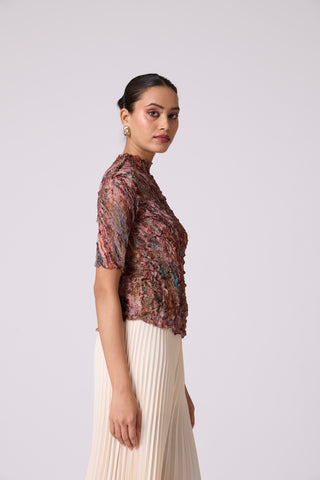 Art Print Sheer Top - Brown