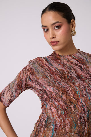 Art Print Sheer Top - Brown