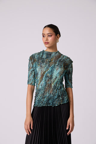 Art Print Sheer Top - Blue & Green
