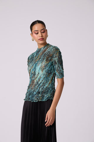 Art Print Sheer Top - Blue & Green