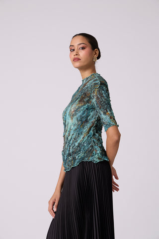 Art Print Sheer Top - Blue & Green