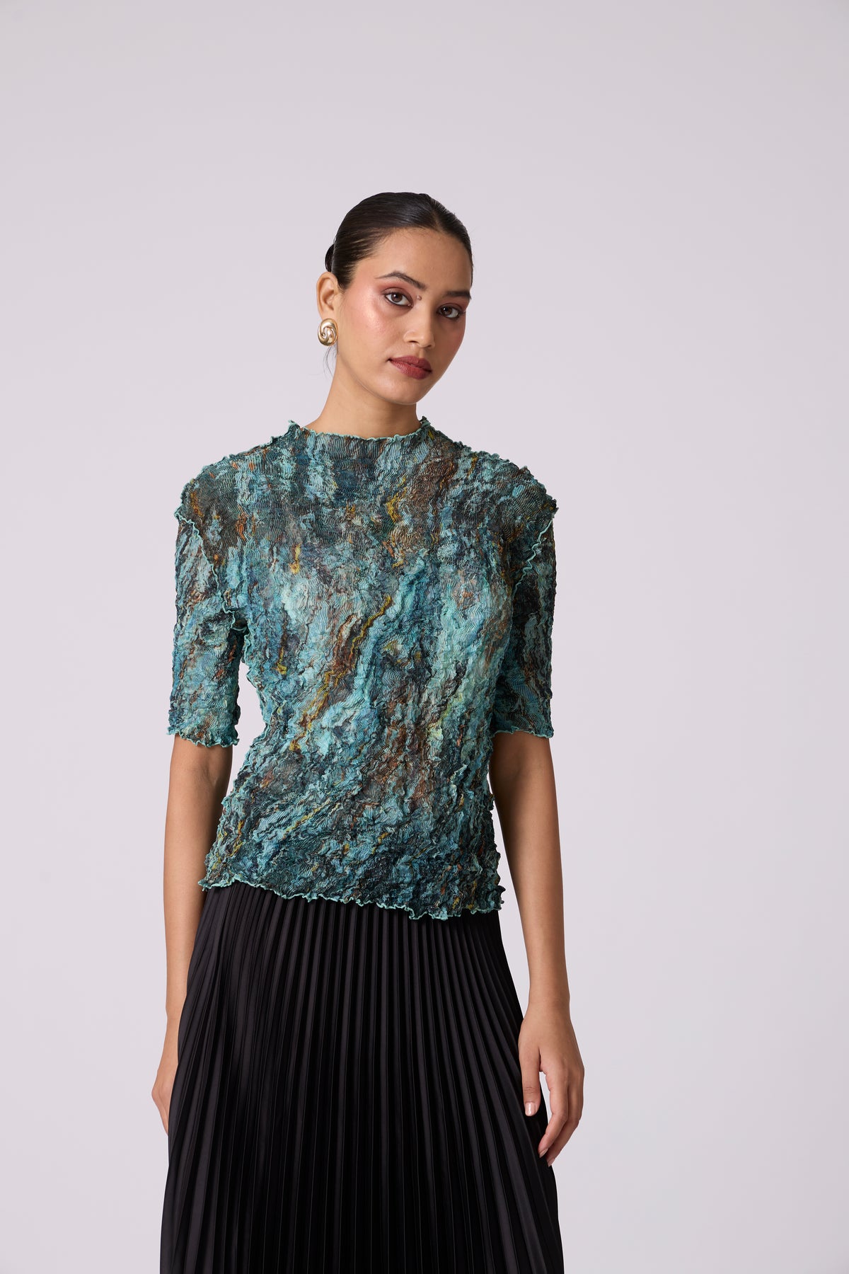 Art Print Sheer Top - Blue & Green
