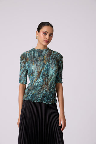 Art Print Sheer Top - Blue & Green