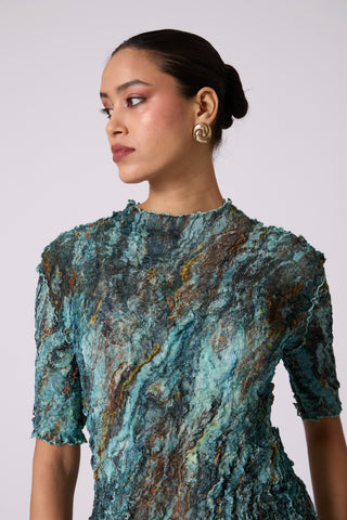 Art Print Sheer Top - Blue & Green