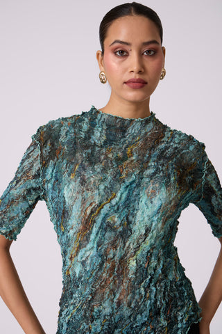 Art Print Sheer Top - Blue & Green