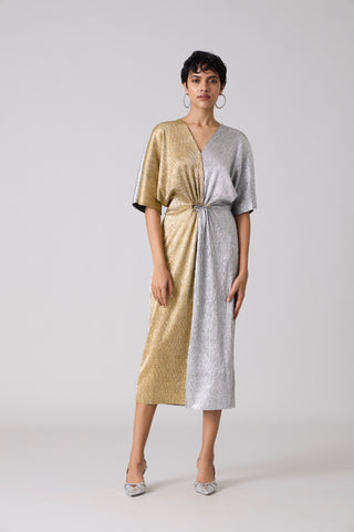 Cecil Midi Textured Metallic Dress - Silver & Gold