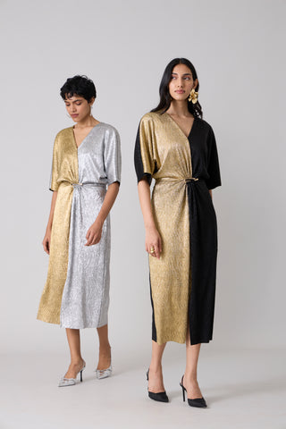 Cecil Midi Textured Metallic Dress - Black & Gold