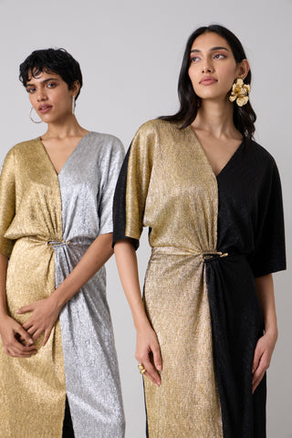 Cecil Midi Textured Metallic Dress - Black & Gold