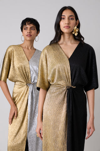 Cecil Midi Textured Metallic Dress - Silver & Gold