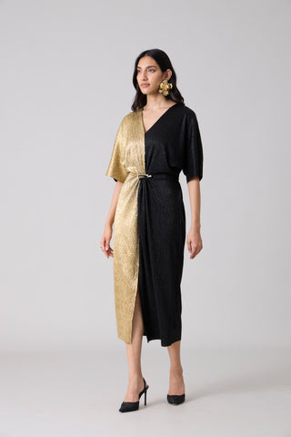 Cecil Midi Textured Metallic Dress - Black & Gold