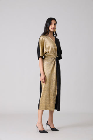 Cecil Midi Textured Metallic Dress - Black & Gold