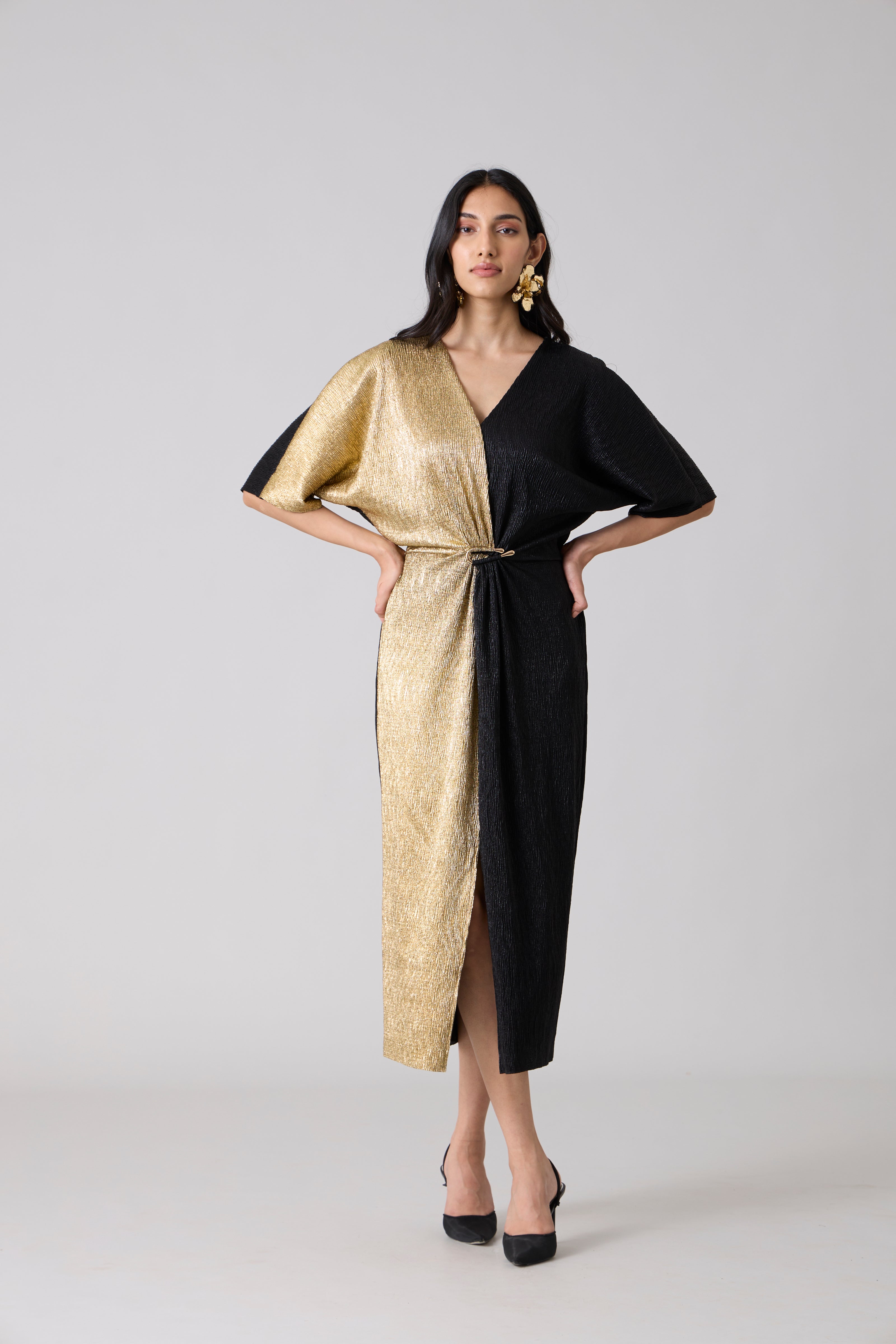 black and metallic gold dress Evening Formal Dress Black-Gold Colorblock One-Shoulder Metallic Maxi Dress -chiclody
