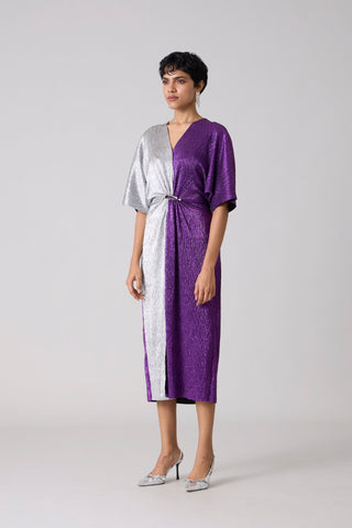 Cecil Midi Textured Metallic Dress - Purple & Silver