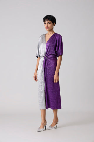 Cecil Midi Textured Metallic Dress - Purple & Silver