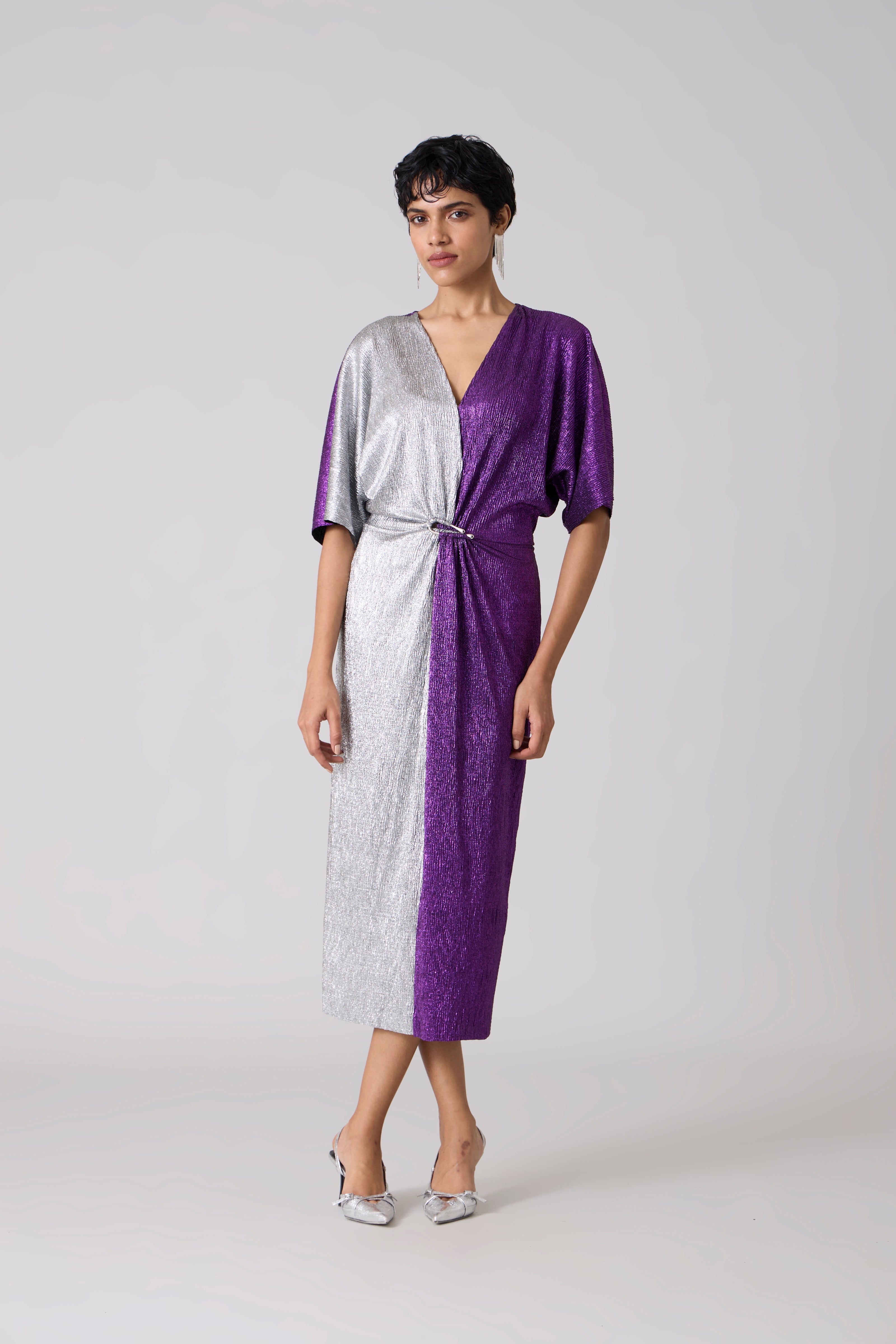midi metallic dress women Baltic Born Womens Ciara Ruched Midi Dress | Silver Metallic