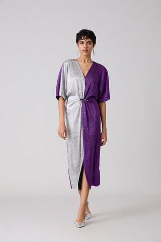 Cecil Midi Textured Metallic Dress - Purple & Silver