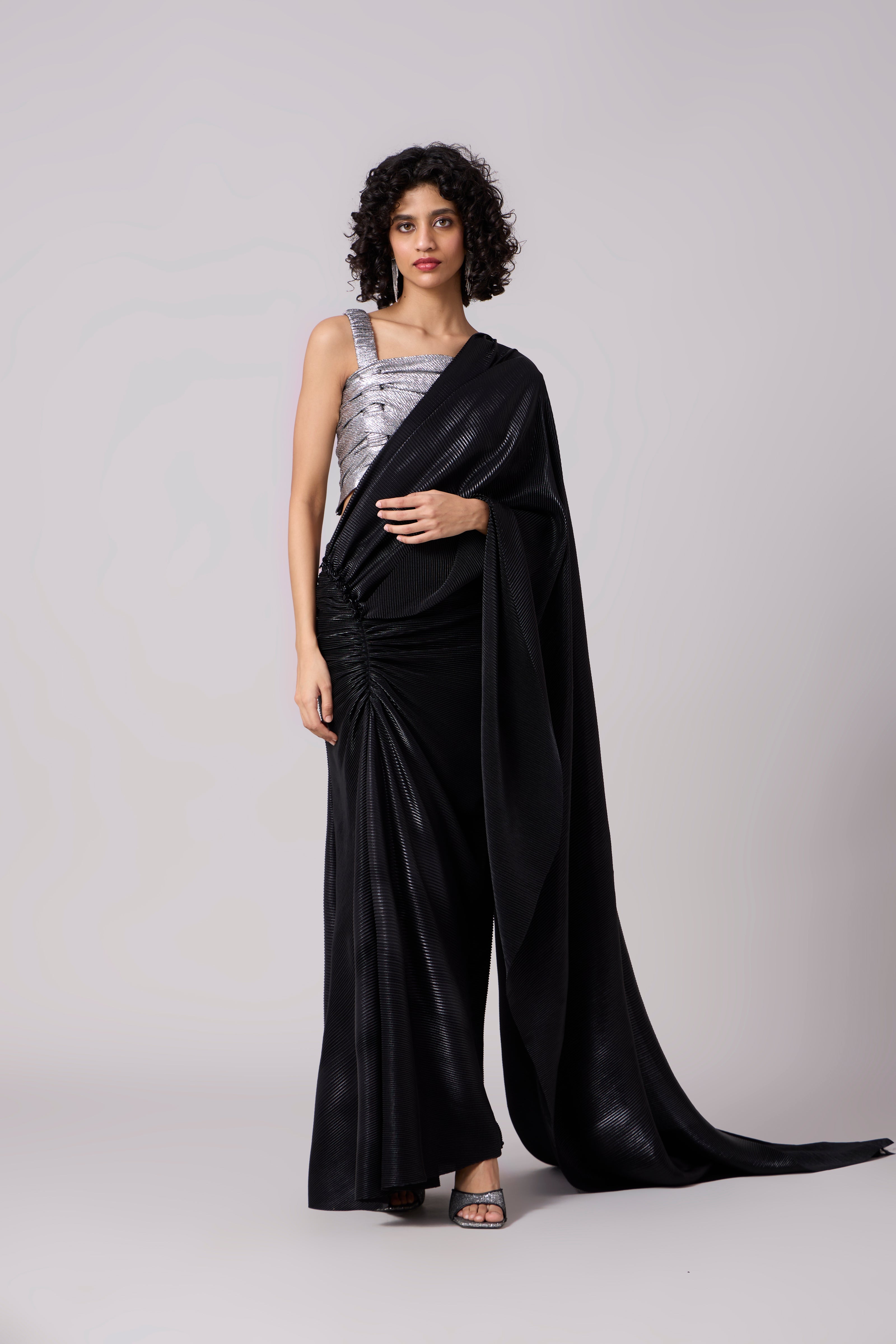 Ayra Saree with Blouse - Micropleated Black