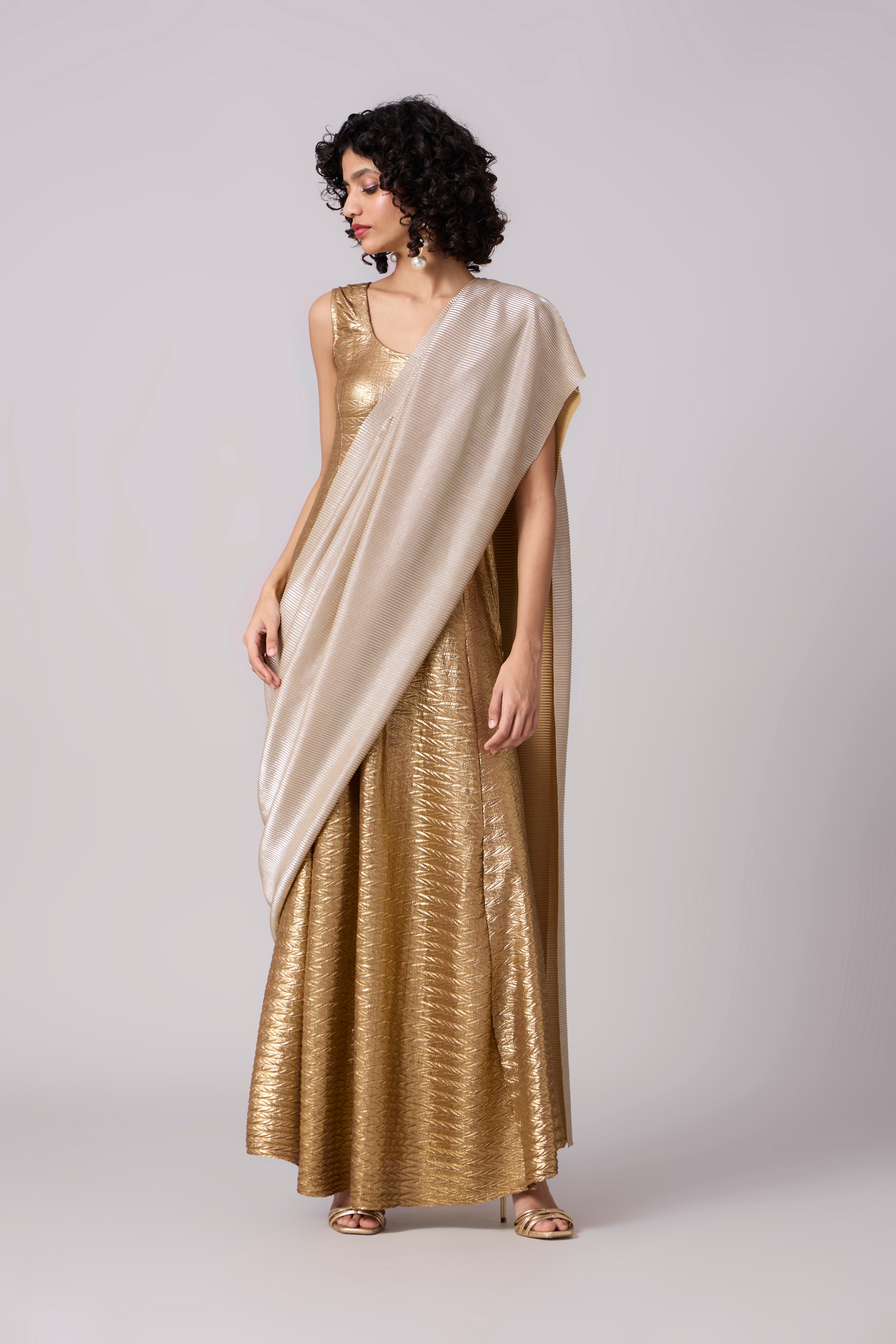 Raya Saree Gown - Chevron Pleated Gold