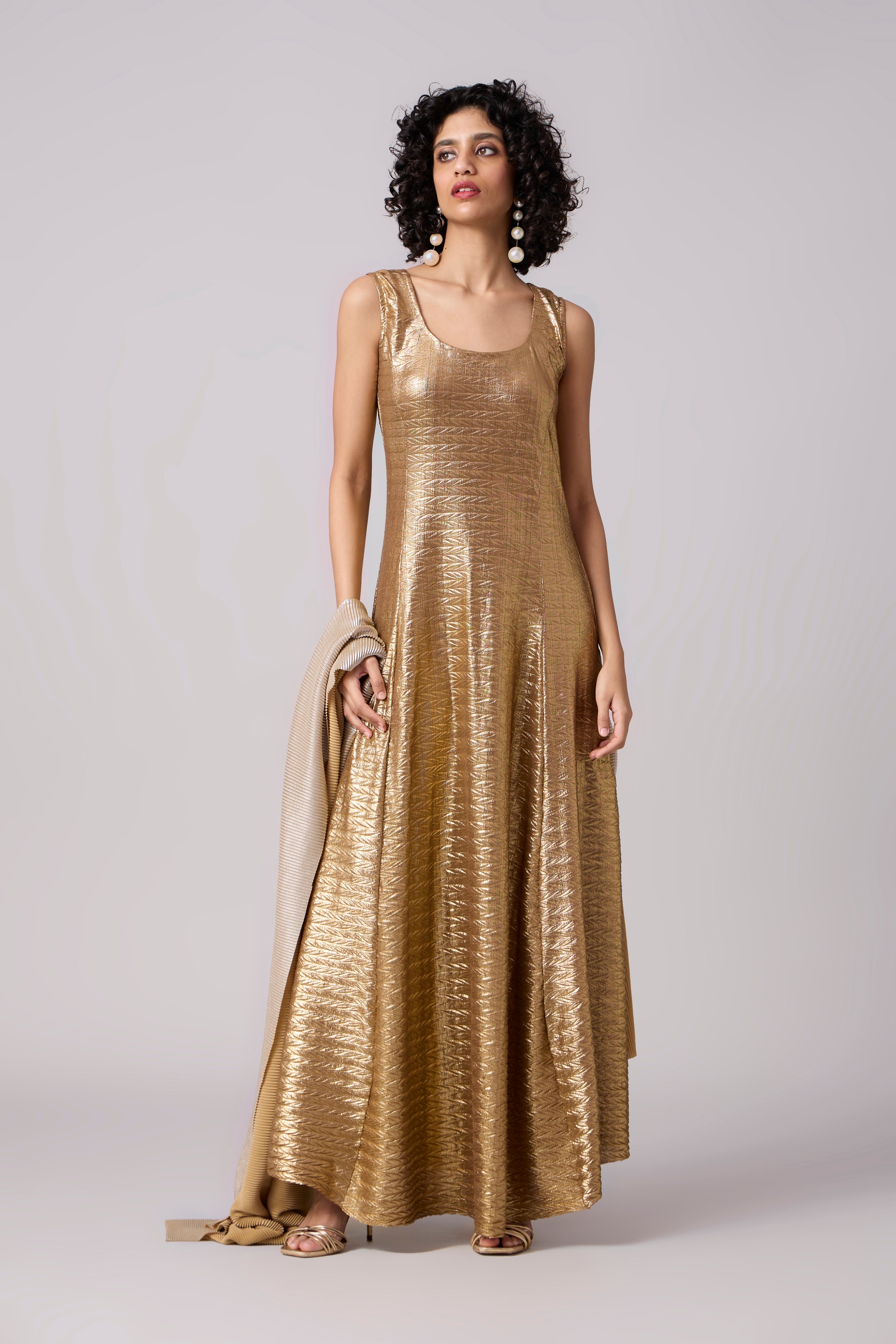 Raya Saree Gown - Chevron Pleated Gold
