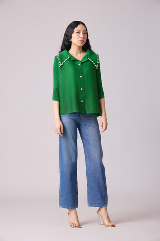 Maise Pearled Shirt Top - Green