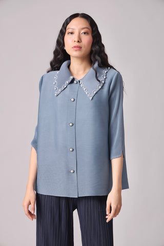 Maise Pearled Shirt Top - Steel Blue
