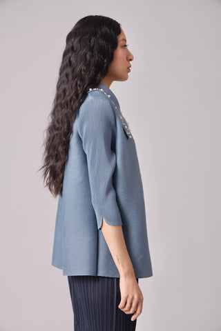 Maise Pearled Shirt Top - Steel Blue