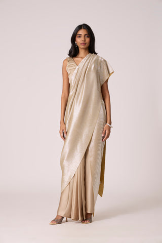 Navya Saree - Champagne Satin & Micropleated Silver Ash